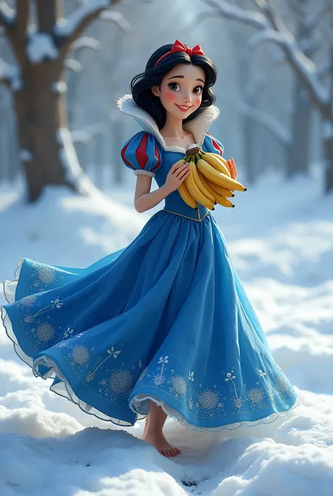 Happy snow white in blue dress holding bananas right infront of in snow place 