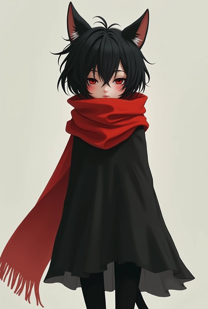 a **** of 1, 65 tall with short black and messy hair ,  cat ears just above the forehead 35 cm each .
2 tufts of hair on both cheeks , In clothes just a sleeveless cloak ,  with her arms up inside the black cloak covering her shoulders to just below the hi...