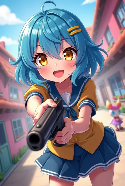 1girl, Solo, Long Hair, Smile, Yellow Eyes, Blue Hair, Hair Clip, Gun in hand, Lol character 