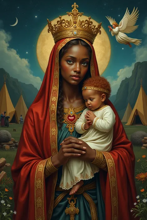 dark skinned holy mary with baby in her arms, red hair , green eyes, with  golden crown, scepter, diamonds, jewelery. wagons, vardos, caravans around a firewood,, wheel, gypsies, blacksmith, forge, baskets, hedgehog, moonshine, crescent moon, shooting star...