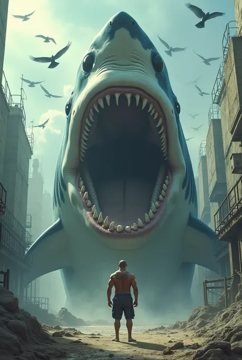  Create an illustration of a surreal scene in live action style with real textures ,  where a giant shark emerges from the ground in a desolate landscape .  The shark rises above a figure that confidently stands in front of it ,  with their mouths open as ...