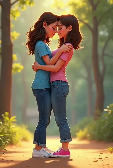  Pixar image womens , short height wavy hair , long, blue short sleeve t-shirt, white tennis shoes,  denim pants besando a mujer blanca,  straight shoulder length hair ,  brown short sleeve pink blouse, pink tennis shoes,  denim pants, Alta 
Youth 