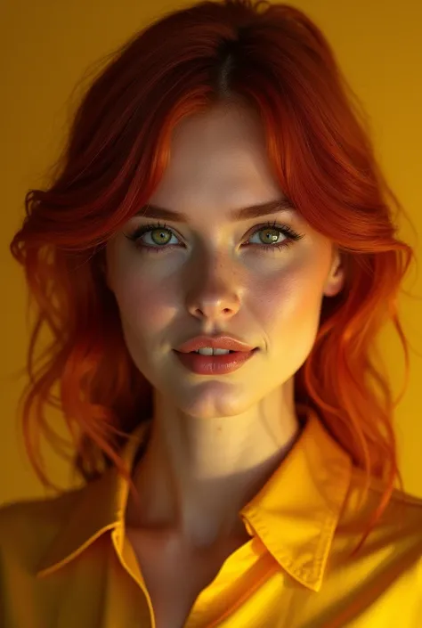 Portrait of a red-haired woman with dramatic lighting and hyperrealistic style. Closed frame to highlight the makeup and hairstyle. Using a saturated color palette, with yellow as the predominant tone. Overhead lighting that creates contrasting shadows and...