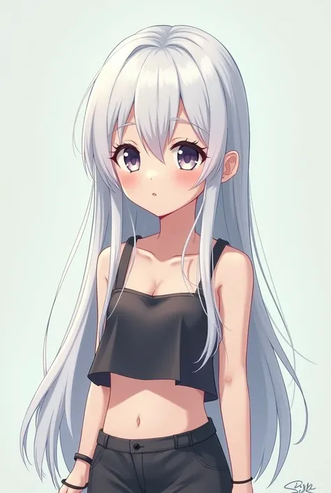 anime girl, cute, long hair, white hair, emo, fullbody, standing, beautiful, crop top, young girl,shy girl