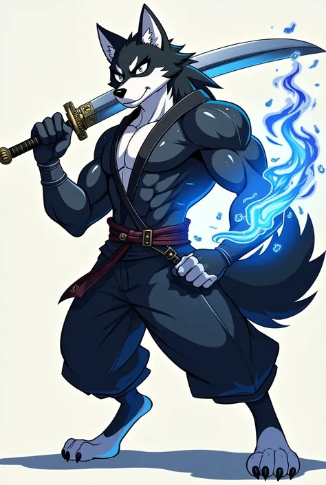 masterpiece, best quality, illustration, flat color, anime coloring, good anatomy, absurd res, by Paul Hedley, muscular male canid, husky，warrior knife，White sclera, black fur, white fur，warrior，Black Ninja Suit，barefoot，dogs paw，fuzzy，fuzzys tail，Warrior ...