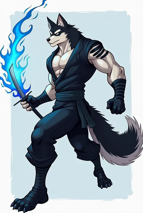 masterpiece, best quality, illustration, flat color, anime coloring, good anatomy, absurd res, by Paul Hedley, muscular male canid, husky，warrior knife，White sclera, black fur, white fur，warrior，Black Ninja Suit，barefoot，dogs paw，fuzzy，fuzzys tail，Warrior ...