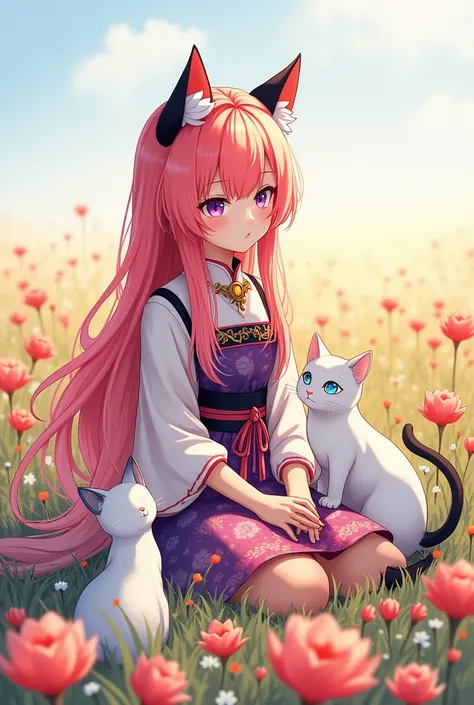 A watercolor painting of a young woman with waist-length hair that is light red, purple eyes like a galaxy, wearing a Liyue style dress in the game Genshin Impact, sitting in the middle of a vast flower field, different from 2 cats, the first one is a whit...