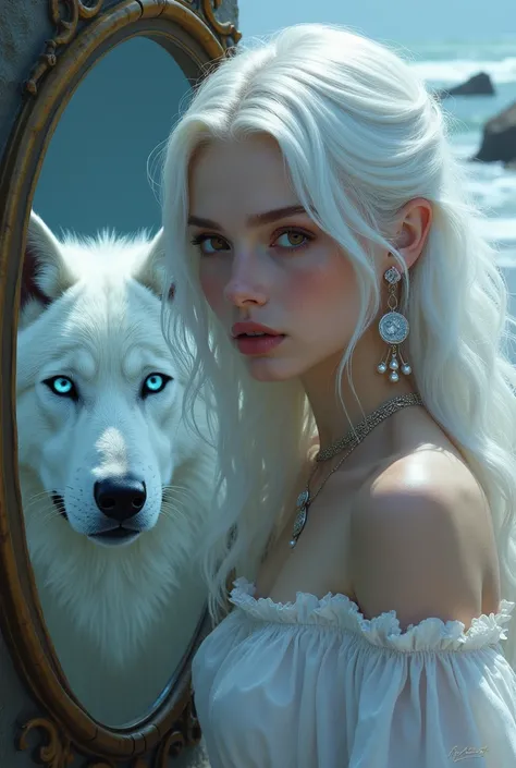 Image of a young woman with white hair ,  brown eyes , of coasts,  looking at the mirror ,  reflection of the mirror a blue-eyed white wolf