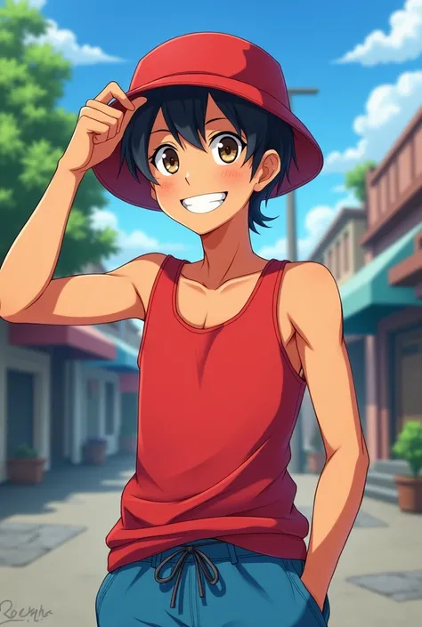  anime character :
 boy, adult, high,  Short black hair , brown and shiny eyes, brown skin. red tank top, blue sweatpants ,  red bucket hat . wide smile,  standing with hand on forehead.