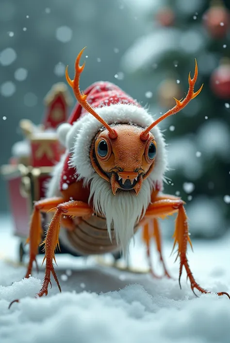  Close-up of a cockroach disguised as Santa Claus. Flies with reindeer horns pulling a sleigh, snow, red and white colors, Christmas tree