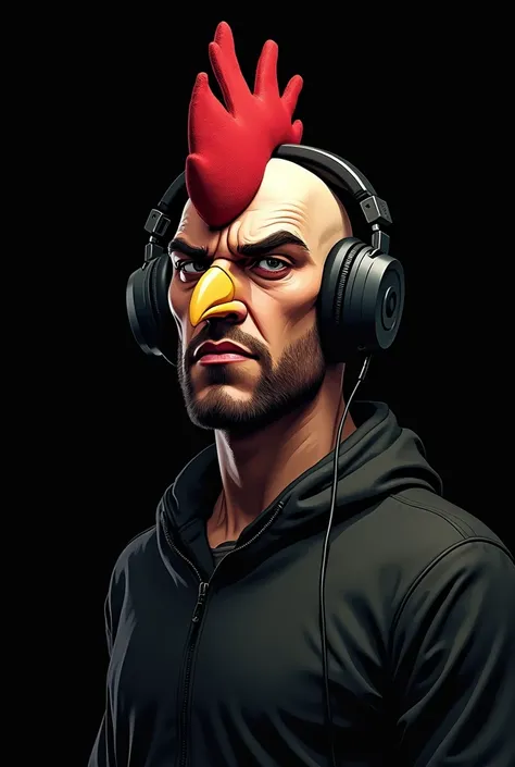 A man with a head like a chicken, wearing gaming headphones, serious, tense face, black background, brutal cartoon images used as a logo.
