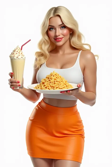 Huge busty slim blonde wearing a white crop and a orange mini skirt serving pasta and vanilla shake white background