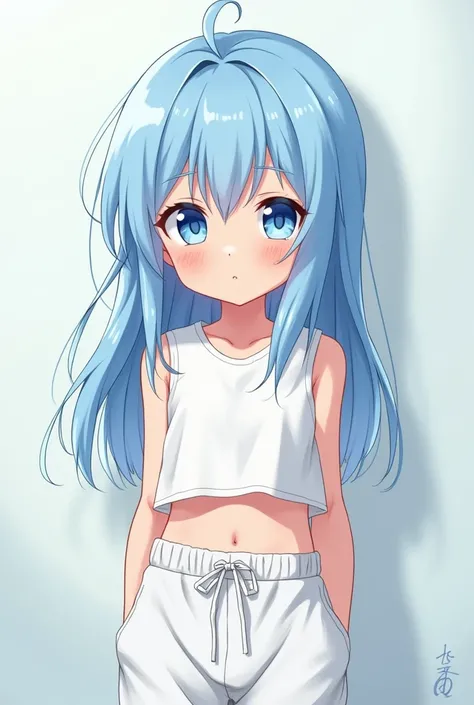  anime character :
 boy,  , shorty,  long blue hair,  bright blue eyes , skin white as snow. White cropped tank top , sweatpants.