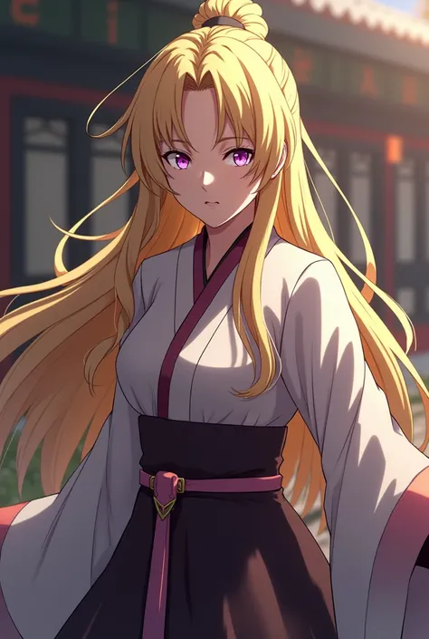 Screenshot of Naruto, yang xiao long, female, long blonde hair, light purple eyes, will wear ninja clothes, will have a serious expression on her face