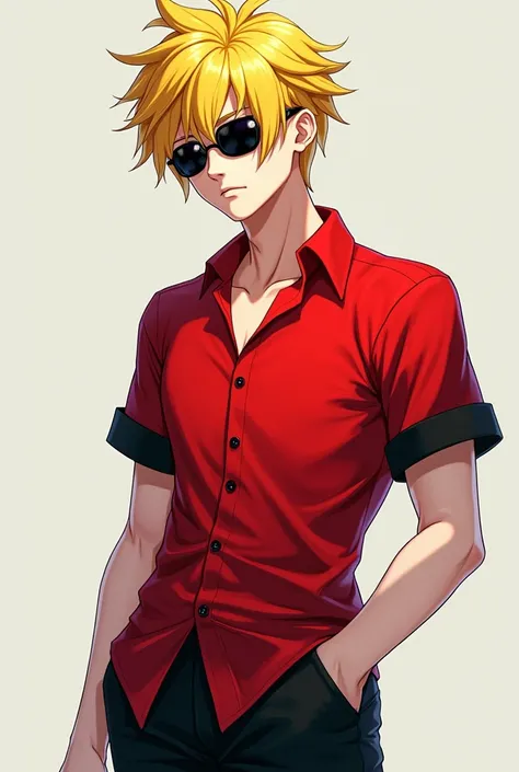 Male anime character with pale skin i black lenses yellow hair Oxxo red shirt i black shorts
