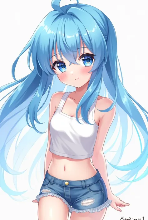  anime character :
 boy,  , shorty,  long blue hair,  bright blue eyes , skin white as snow. White cropped tank top ,  short shorts showing thighs.