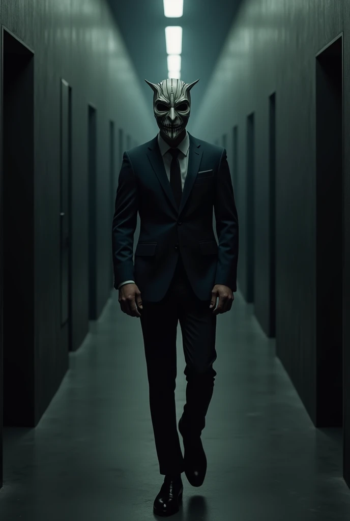 Inside the endless corridor, walking, Handsome young european male in a suit wearing a stylish and scary mask, black background, realistic, real life,