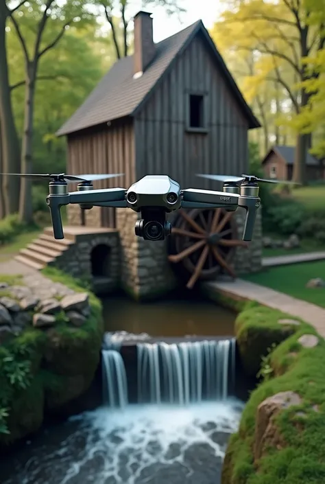 Picture of a drone taking video of the water mill