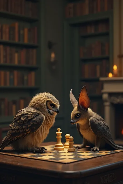 An owl and a bat playing chess human reality 
