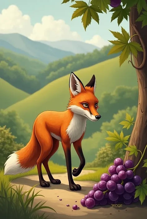 please show that the fox is walking away, like in a distance from grapes and look disappointed or scornful