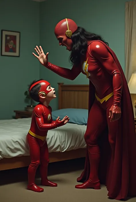 Genarate an image a mother beating up flash. Slap him. Telling him to go to bed
The boy look like to be the flash