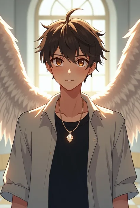 I want to create a seventeen-year-old boy with light brown eyes, some jins, a shirt with a tail, a black shirt and a necklace with a diamond in the center..  And hes studying at UA High School With white wings      