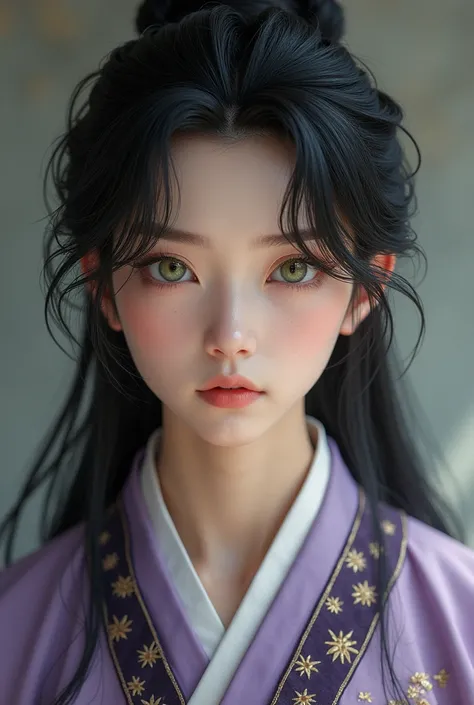 An 18-year-old Chinese man, very long black hair with bangs ,  green eyes , traits that make him look very beautiful ,  wears a lavender Hanfu with gold and black details very Taoist style 