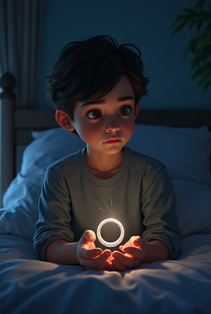 A boy sitting on his bed at night clutching a silver ring with a confused expression wears the same character as in the previous order/image