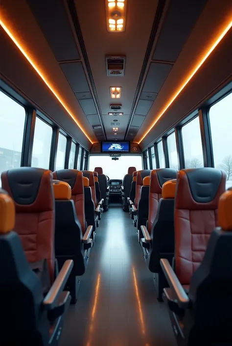 Please creater a picture of,bus interior with comfortable seats washroom in it,mini lcd for in every seat