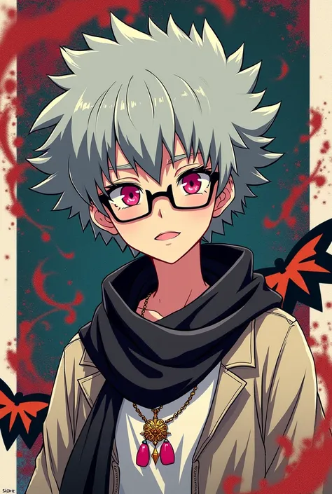 Girl Character with pink eyes, rectangled glasses, gray afro hair, and a necklace, and a scarf in jujutsu kaisens art style