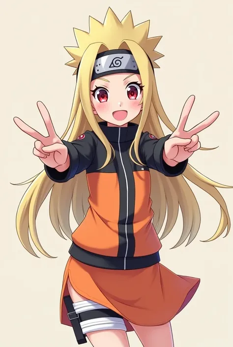  Anime dressed as Naruto with long hair, with a skirt, Making the peace sign with your fingers 