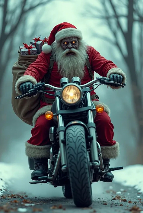 Zombie Santa Claus on a motorbike with gifts
