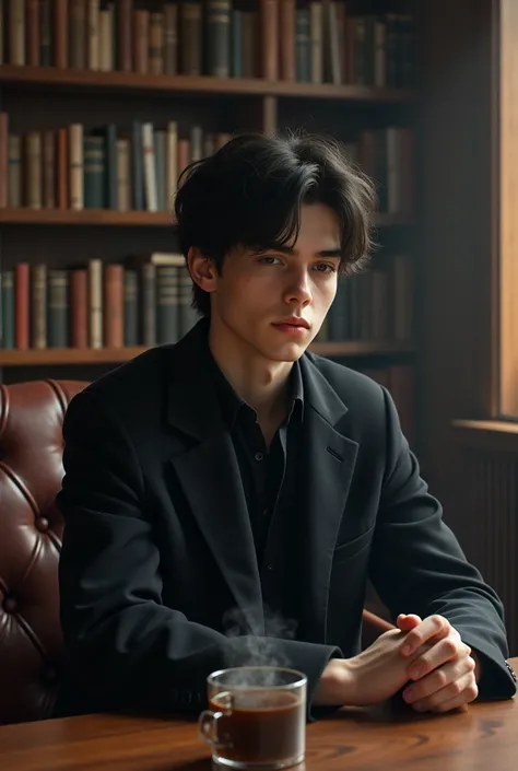 18 year old boy wearing a black jacket and boy seat on chair hands to table on tea on cup room library 