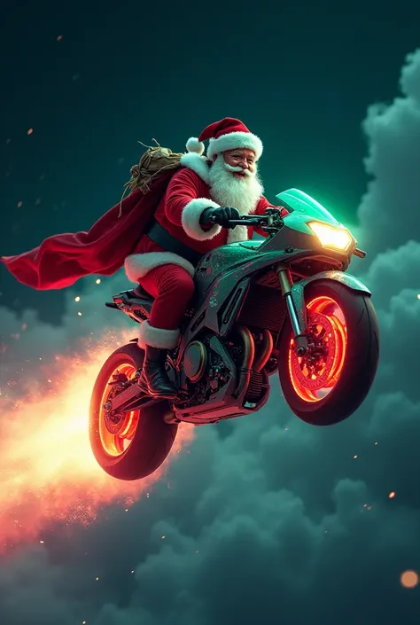 Santa on a glowing red and green flying motorcycle zooming through the night sky