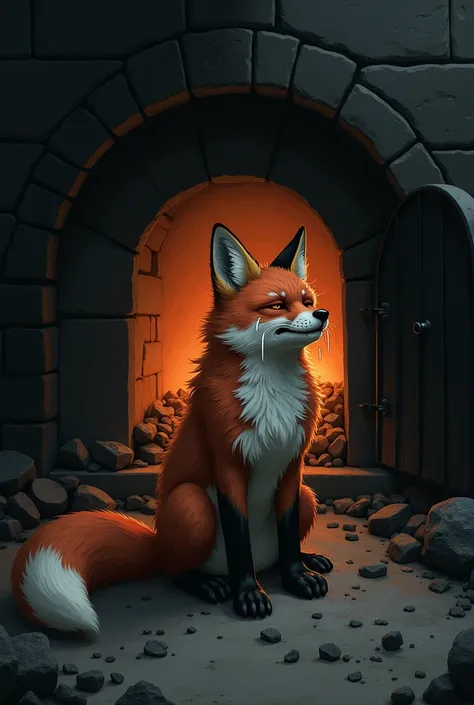 A mother fox crying in front of an open-door oven with charcoal dust inside