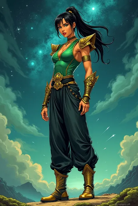 in a graphic novel style illustrate a Masters of the Universe-style martial artist. She is an athletic Asian woman with golden-toned skin, sharp green eyes, and long black hair tied in a high ponytail. She wears a jade-green sleeveless one-piece tunic with...