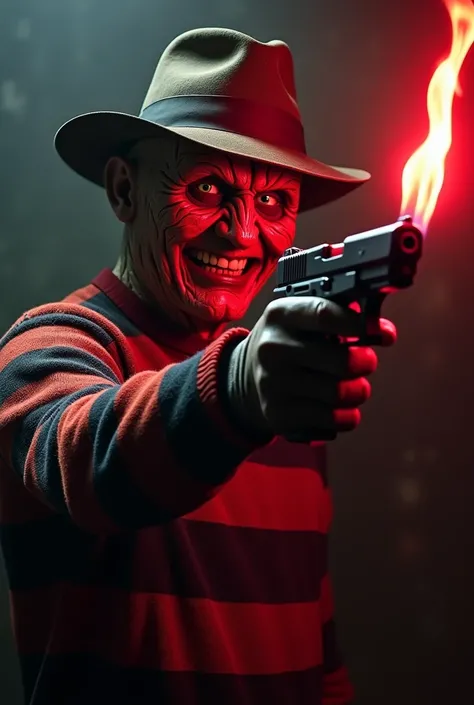 Generate Freddy Krueger with a Glock with an extended charger in one hand and a burning red flare in the other hand