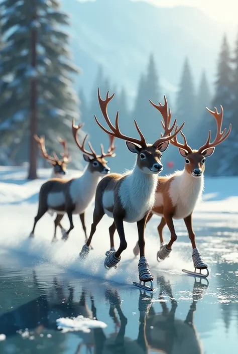 Reindeer gliding across a frozen lake wearing shiny ice skates.