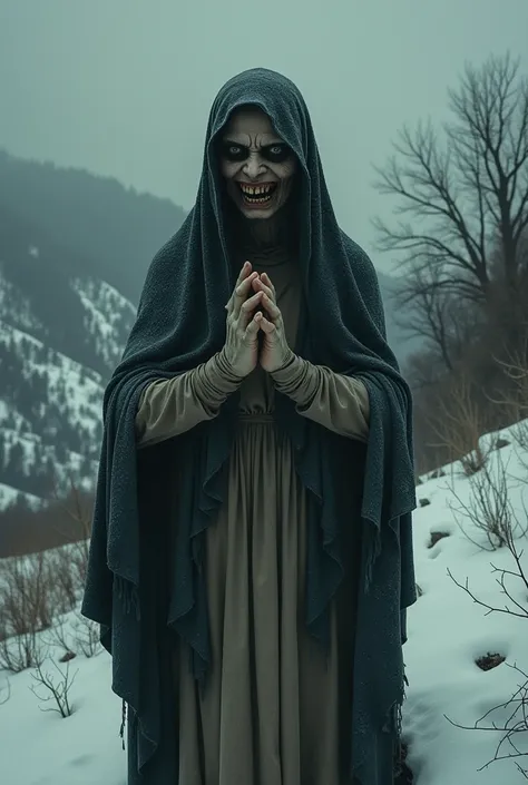 An album cover ,  Virgin Mary with a frightening and demonic appearance ,in a dark landscape with snow 
