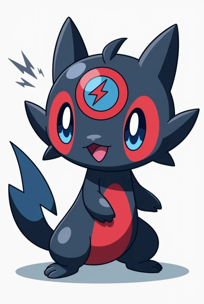  The red-blue round magnetic Pokémon character  ,Blue-black , Gentle eyes, Thats cute in the cartoon.  ,  has a lightning symbol with a blue red horseshoe magnetic symbol on its head. 