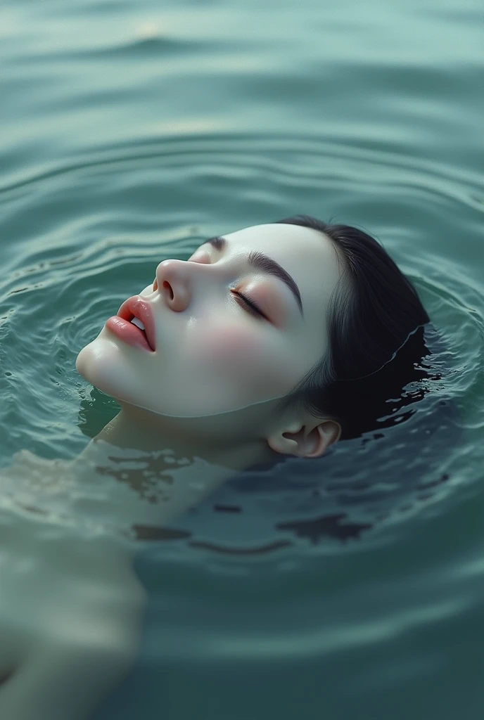 The womans face submerged in water slowly emerges, her eyes opening to reveal a serene gaze. As she breathes in, the water ripples intensify, cascading around her. The camera pans up from her face, capturing the monochromatic shades of the waters movement.