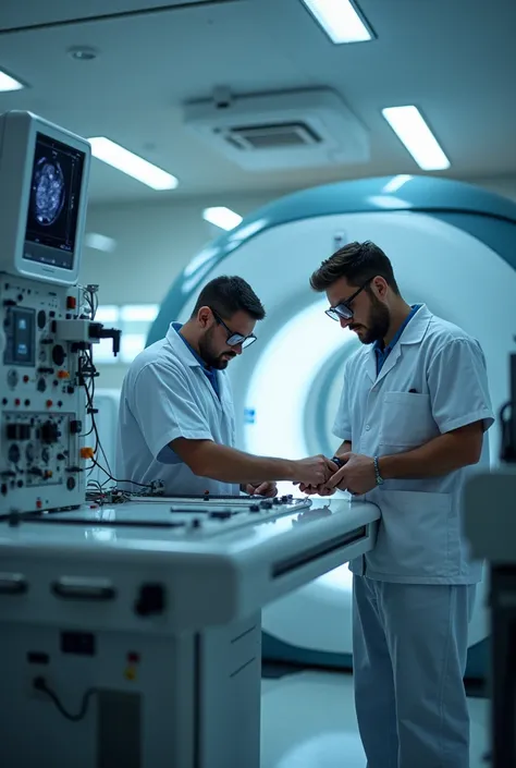 Maintenance technicians fixing a CT scan,  an MRI machine in a hospital 