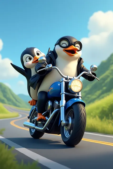 Animated cute biker penguin riding a navy blue chopper motorcycle on a road with his penguin girlfriend 