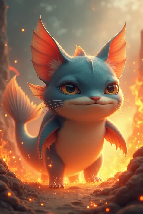 Cute fish with cat ears and size of megalodon but cute with fire with wings 