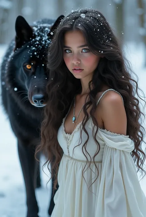  high resolution, masterpiece : 1,2), (realistic : 1,37), ( Best Quality ,  high resolution, Ultra-detailed girl , realistic)  Girl with brown green eyes  (Hazelnuts)  and very dark brown , wavy,  almost curly hair falling over her shoulders with mixed ski...