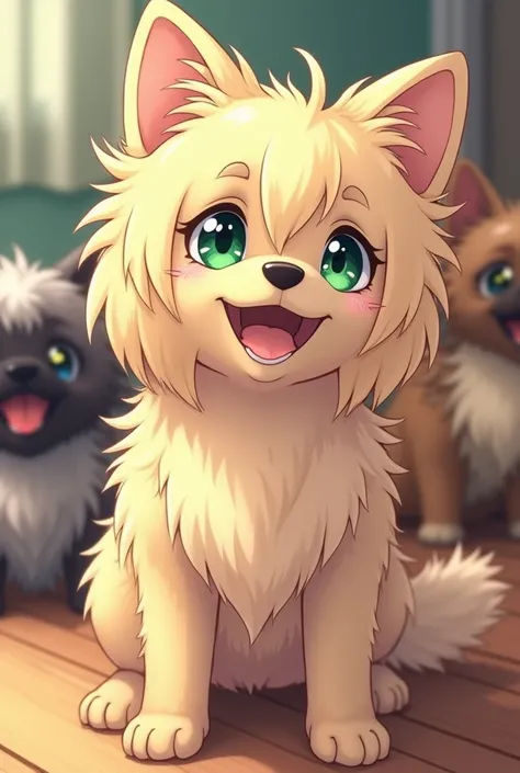 Create a professional anime-like photo in HD. From a blonde haired and green-eyed magar on the floor with several Shihtzus dogs of various colors 
or its surroundings.