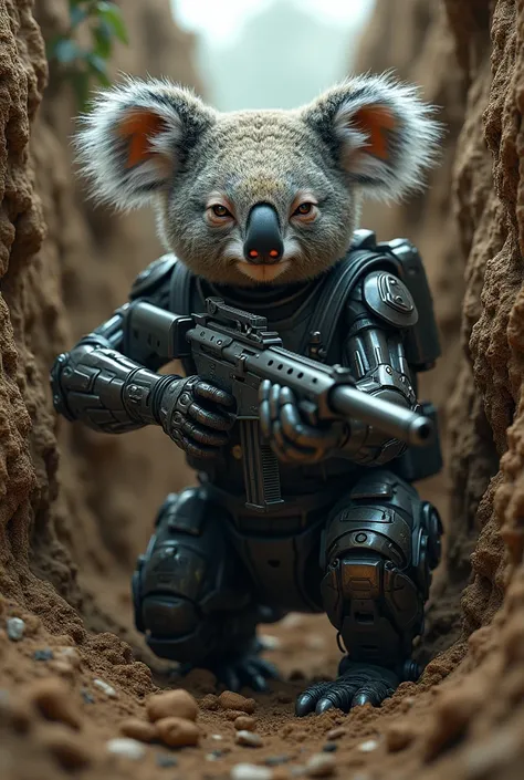 A cyborg koala with a gun in the trenches