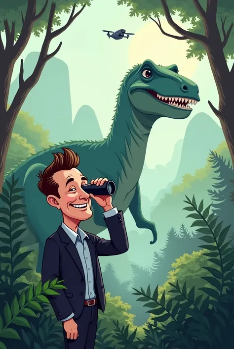 Elon Musk cartoons spying on a dinosaur 

