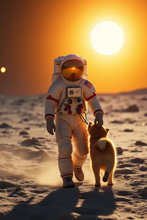 A. Man walking on the moon with sunshine  and he kissing a dog 