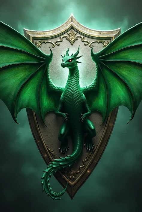 A silver shield . In the center there is a green winged dragon